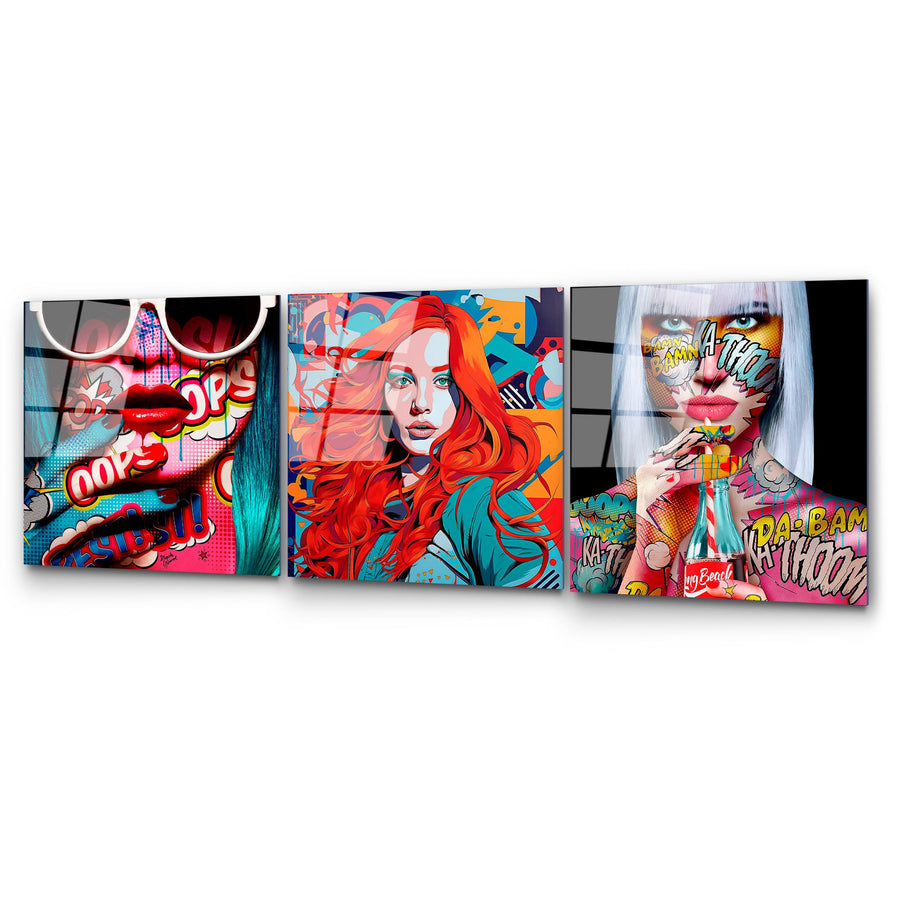 Pop Art Kadin Cesitlemeli Uclu Set Cam Tablo - Kirmizi