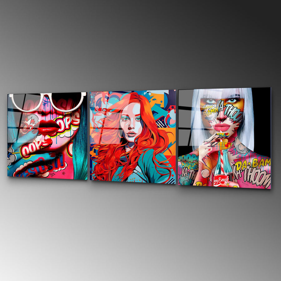 Pop Art Kadin Cesitlemeli Uclu Set Cam Tablo - Kirmizi