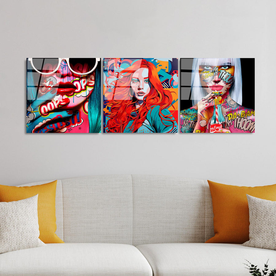 Pop Art Kadin Cesitlemeli Uclu Set Cam Tablo - Kirmizi
