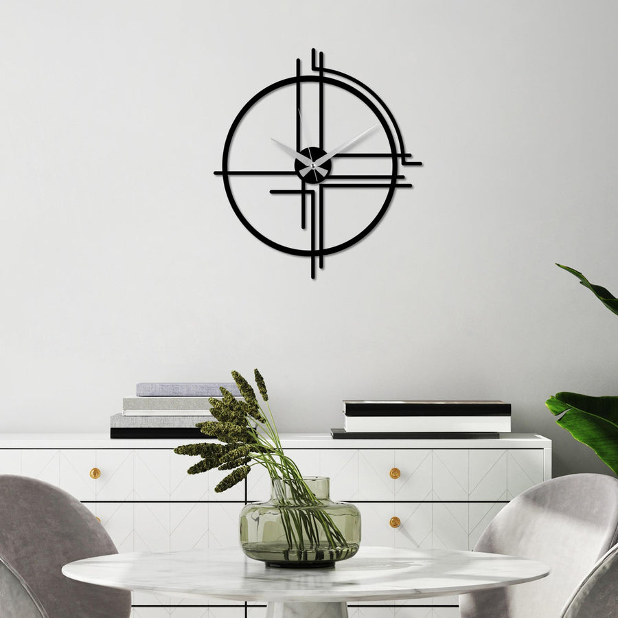 Kesisen Çizgi Modern Metal Duvar Saati - Siyah