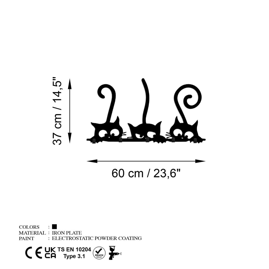 Uc Kedi Metal Duvar Askılığı - Siyah