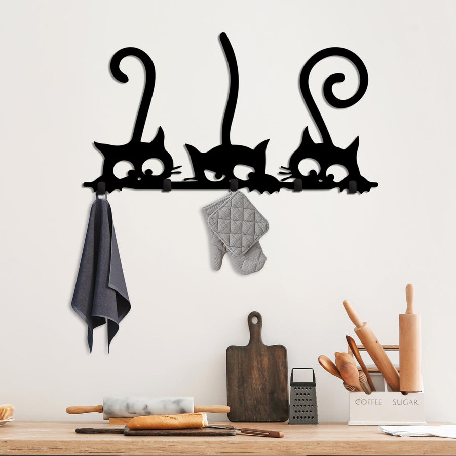 Uc Kedi Metal Duvar Askılığı - Siyah