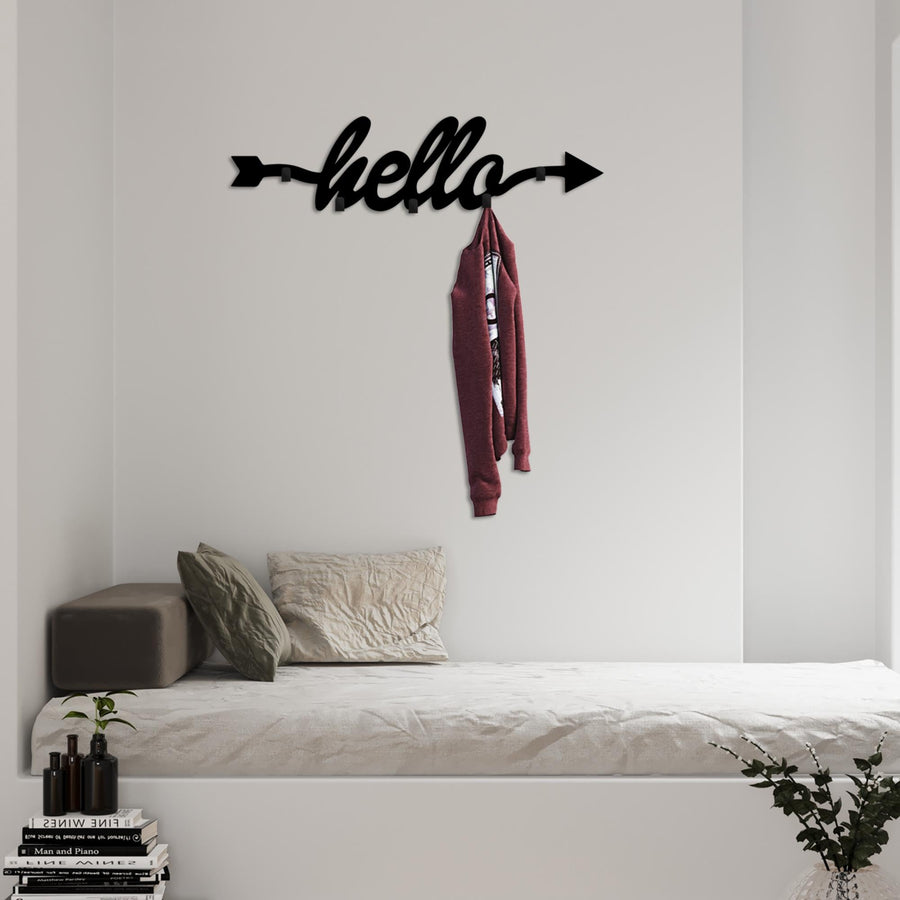Hello Yazili Ok Metal Duvar Askılığı - Siyah