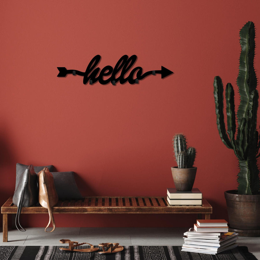 Hello Yazili Ok Metal Duvar Askılığı - Siyah