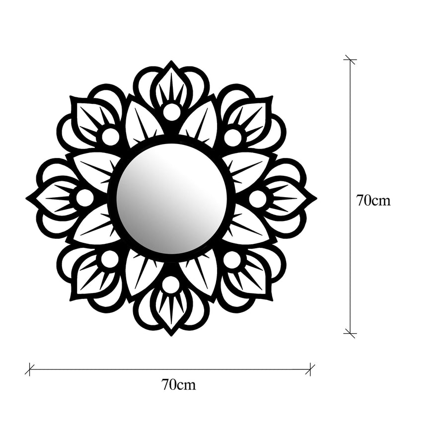 Mandala Yaprak Metal Duvar Aynası - Siyah