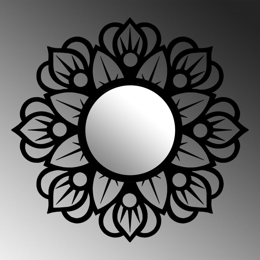 Mandala Yaprak Metal Duvar Aynası - Siyah