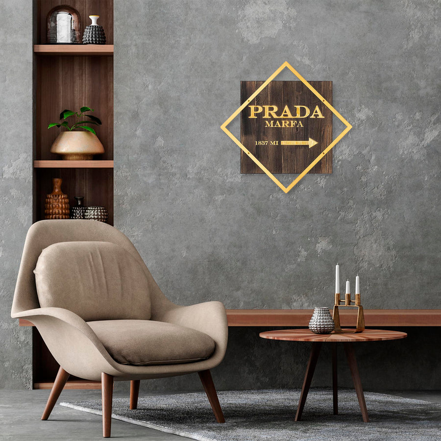 Prada Marfa Altin Cerceveli Ahsap Metal Pano - Kahve
