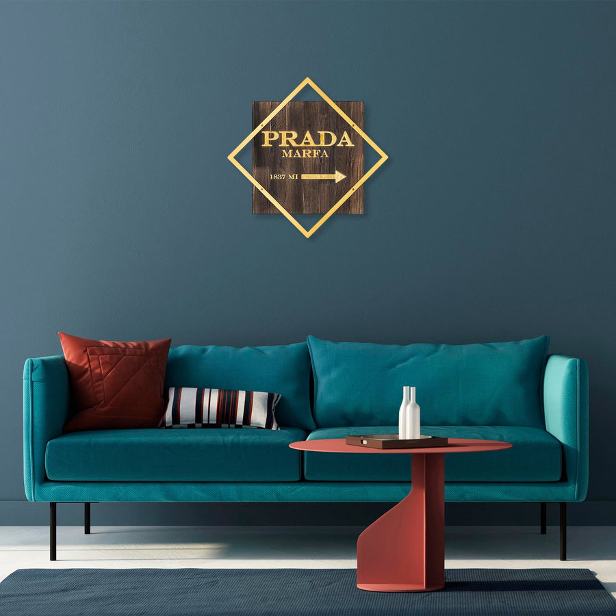 Prada Marfa Altin Cerceveli Ahsap Metal Pano - Kahve