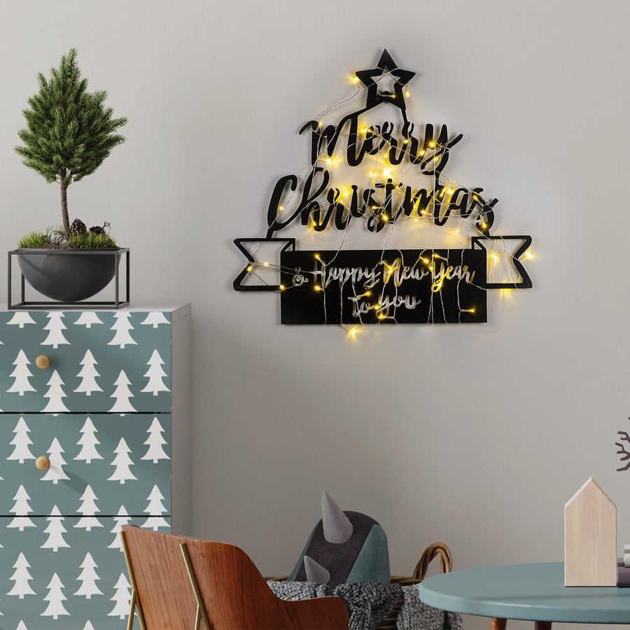 Merry Christmas Yazılı Metal Duvar Aydınlatması - Siyah