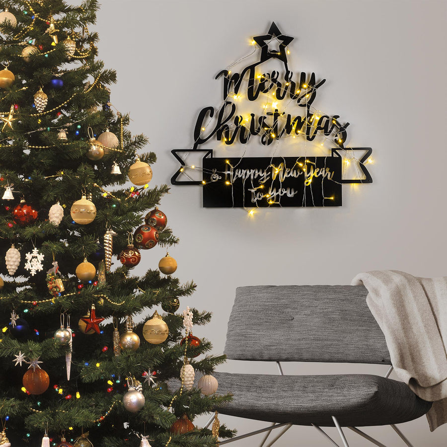Merry Christmas Yazılı Metal Duvar Aydınlatması - Siyah