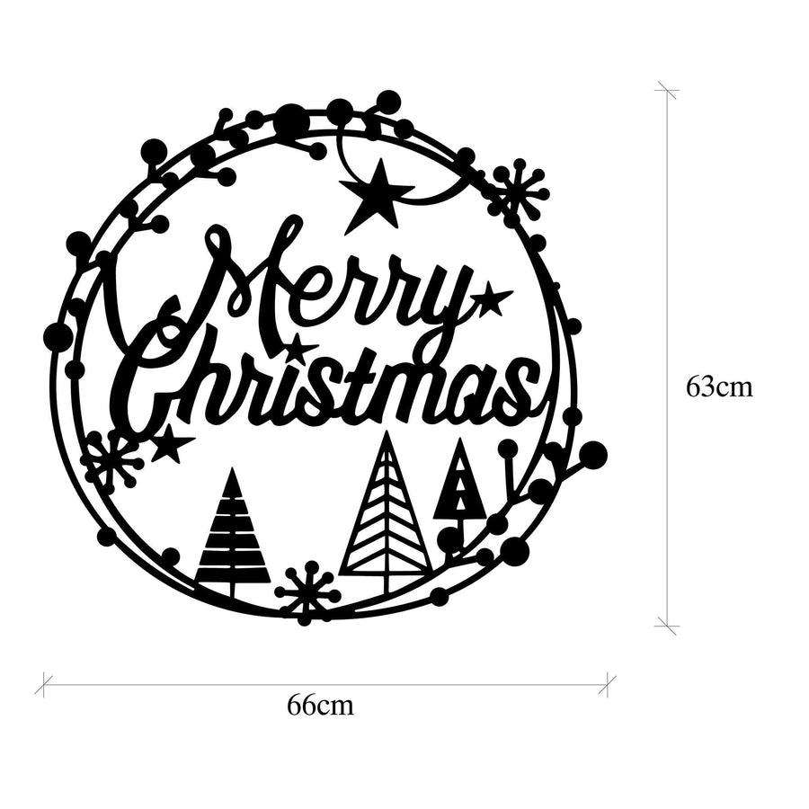 Merry Christmas Yazili Dairevi Metal Duvar Apligi - Siyah