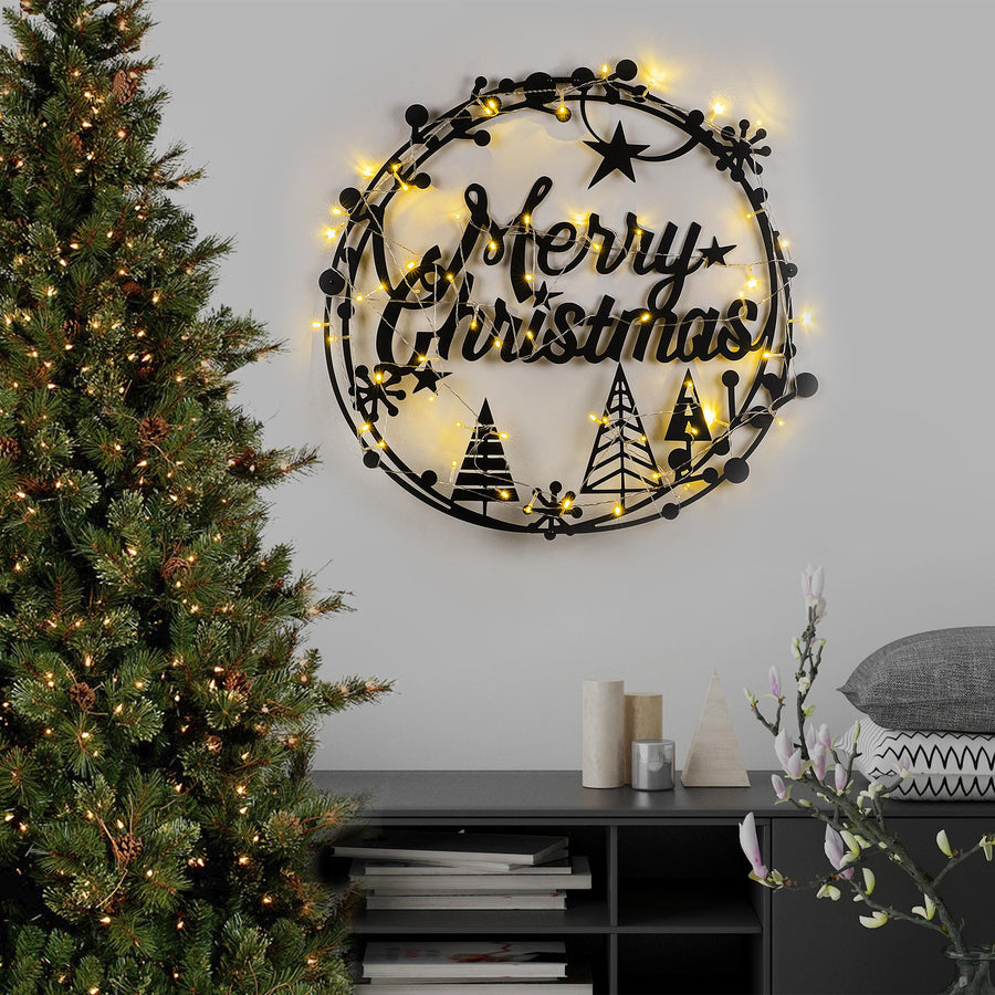 Merry Christmas Yazili Dairevi Metal Duvar Apligi - Siyah