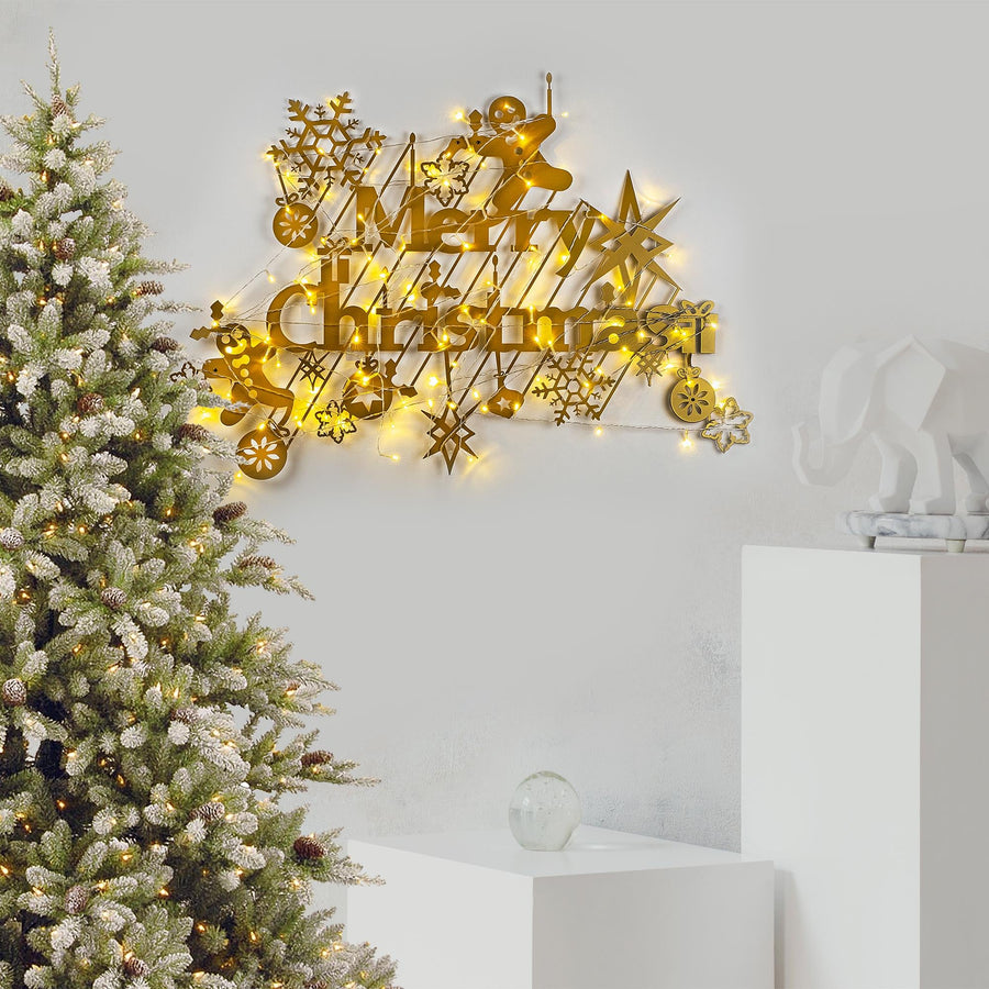 Merry Christmas Kompozisyon Metal Duvar Apligi - Altin