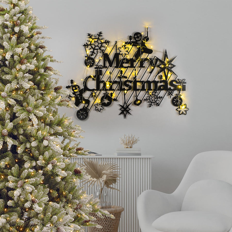 Merry Christmas Kompozisyon Metal Duvar Apligi - Siyah
