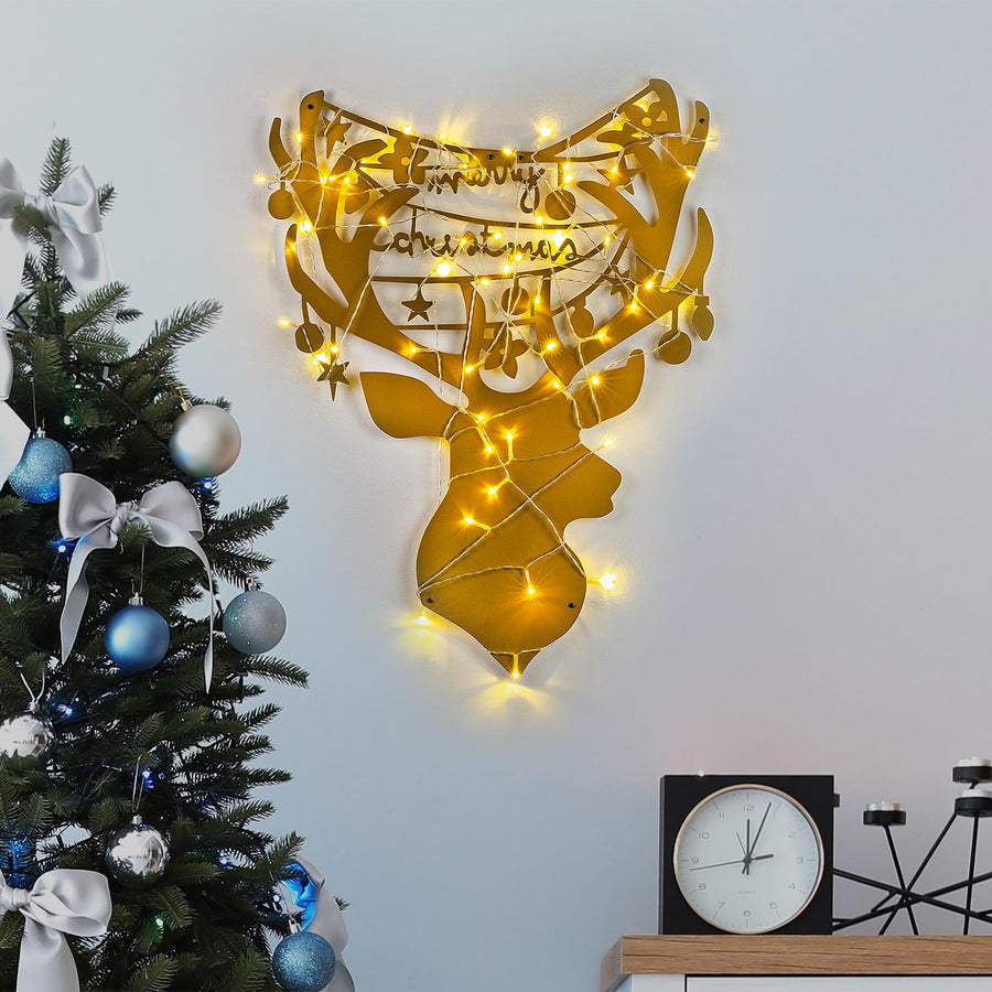 Geyik Basi Merry Christmas Metal Duvar Apligi - Altin