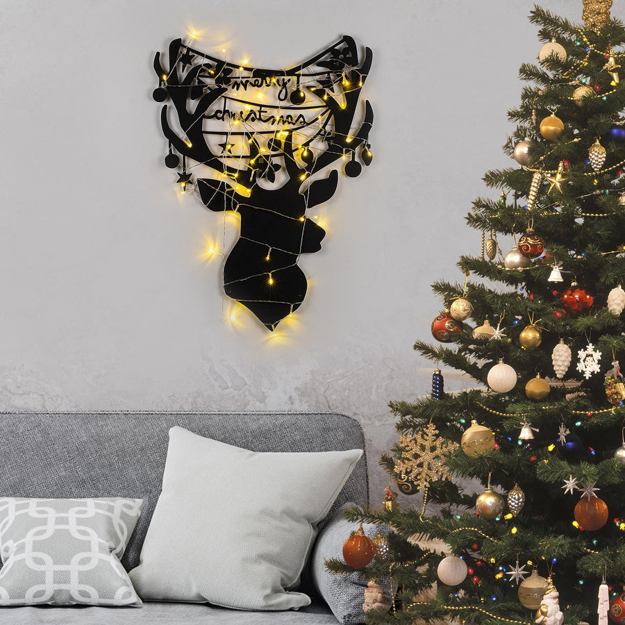 Geyik Basi Merry Christmas Metal Duvar Apligi - Siyah