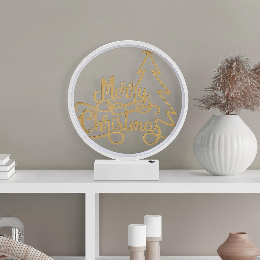 Merry Christmas Yazili Yuvarlak Masa Lambasi - Beyaz