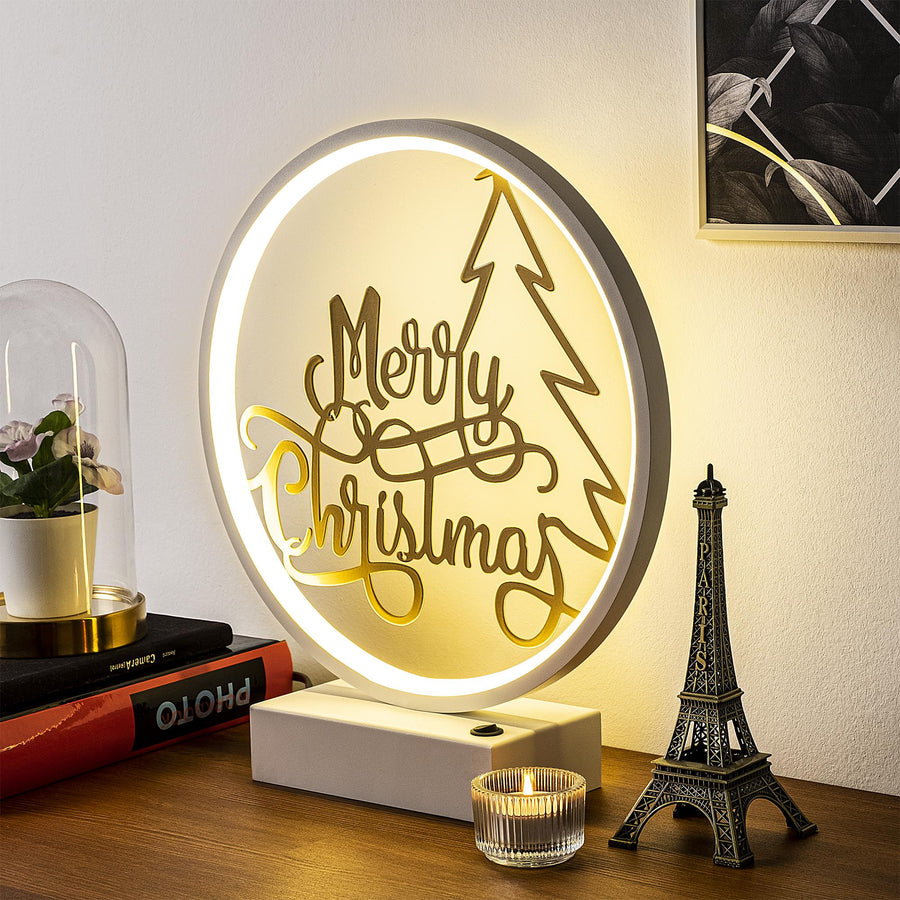 Merry Christmas Yazili Yuvarlak Masa Lambasi - Beyaz