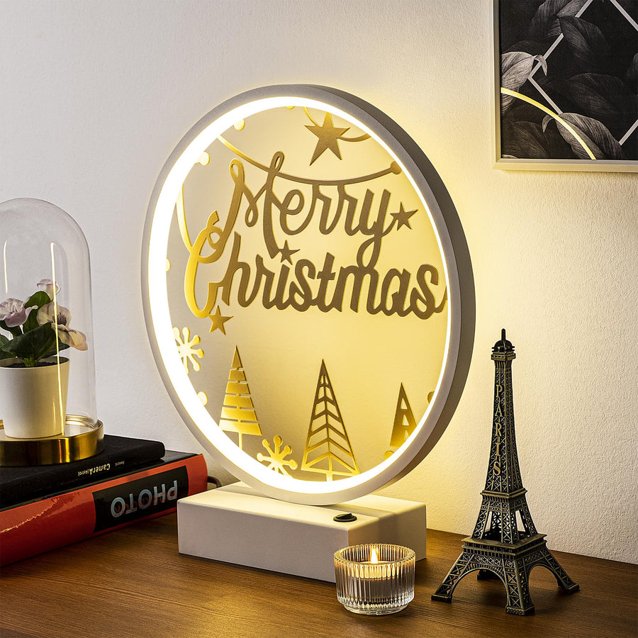Merry Christmas Agacli Yuvarlak Masa Lambasi - Beyaz