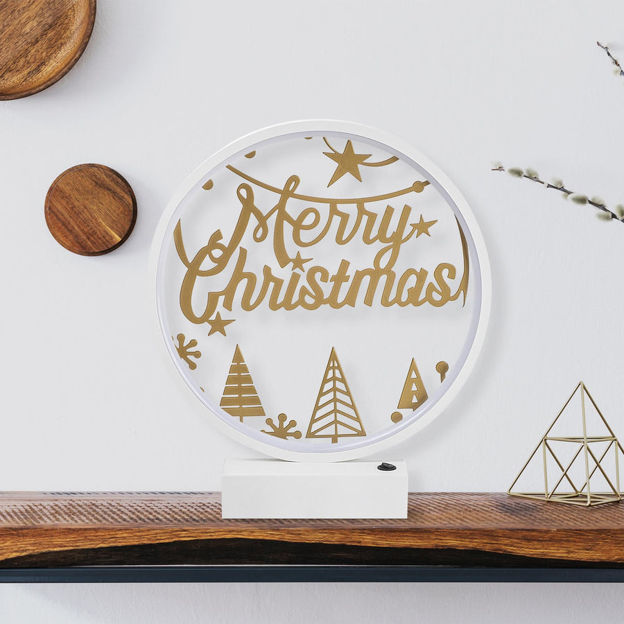 Merry Christmas Agacli Yuvarlak Masa Lambasi - Beyaz