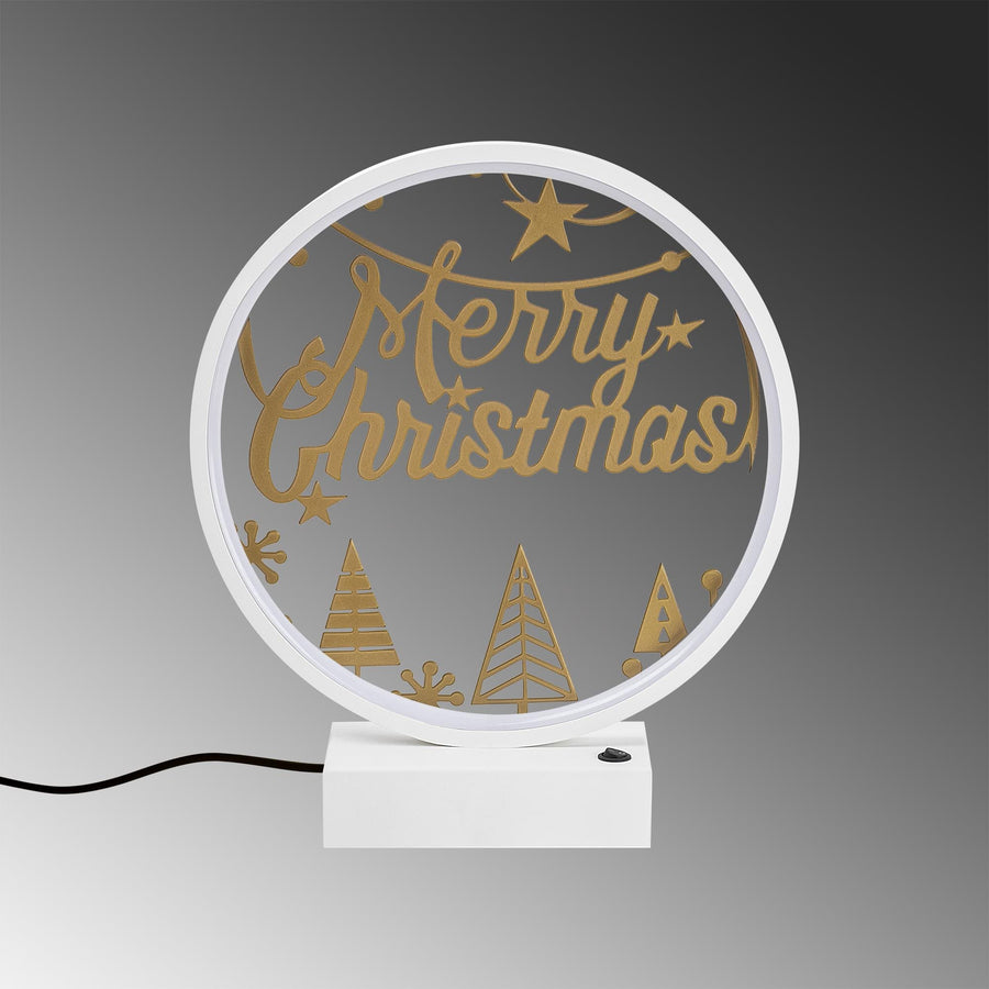 Merry Christmas Agacli Yuvarlak Masa Lambasi - Beyaz