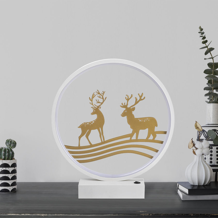 Çift Geyik Silüetli Yuvarlak Masa Lambasi - Beyaz