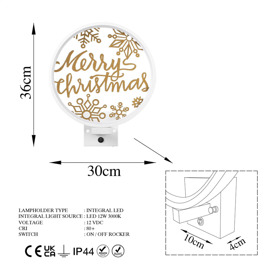 Merry Christmas Kar Taneli Metal Duvar Apligi - Beyaz