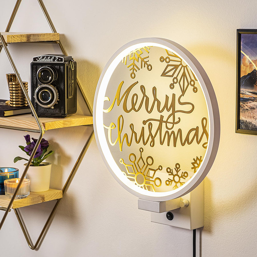 Merry Christmas Kar Taneli Metal Duvar Apligi - Beyaz