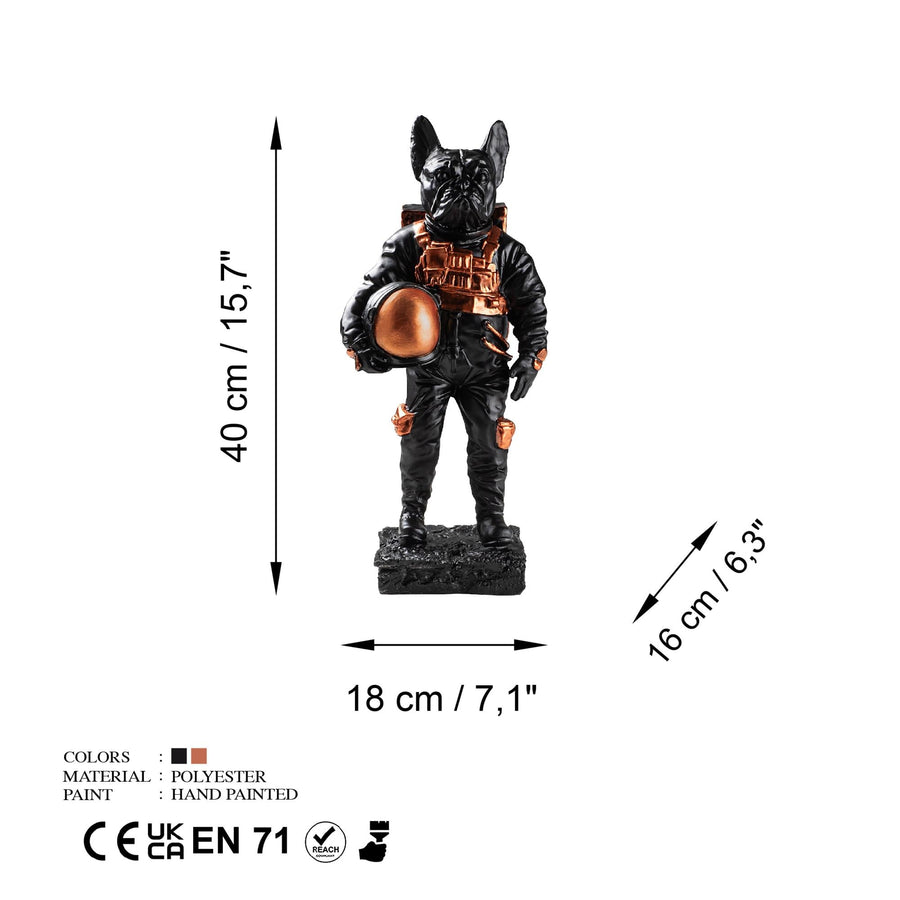 Bulldog Astronot Polyester Heykel - Siyah