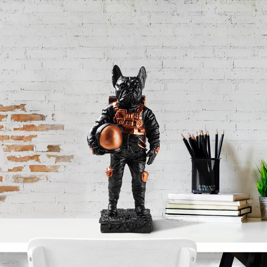 Bulldog Astronot Polyester Heykel - Siyah