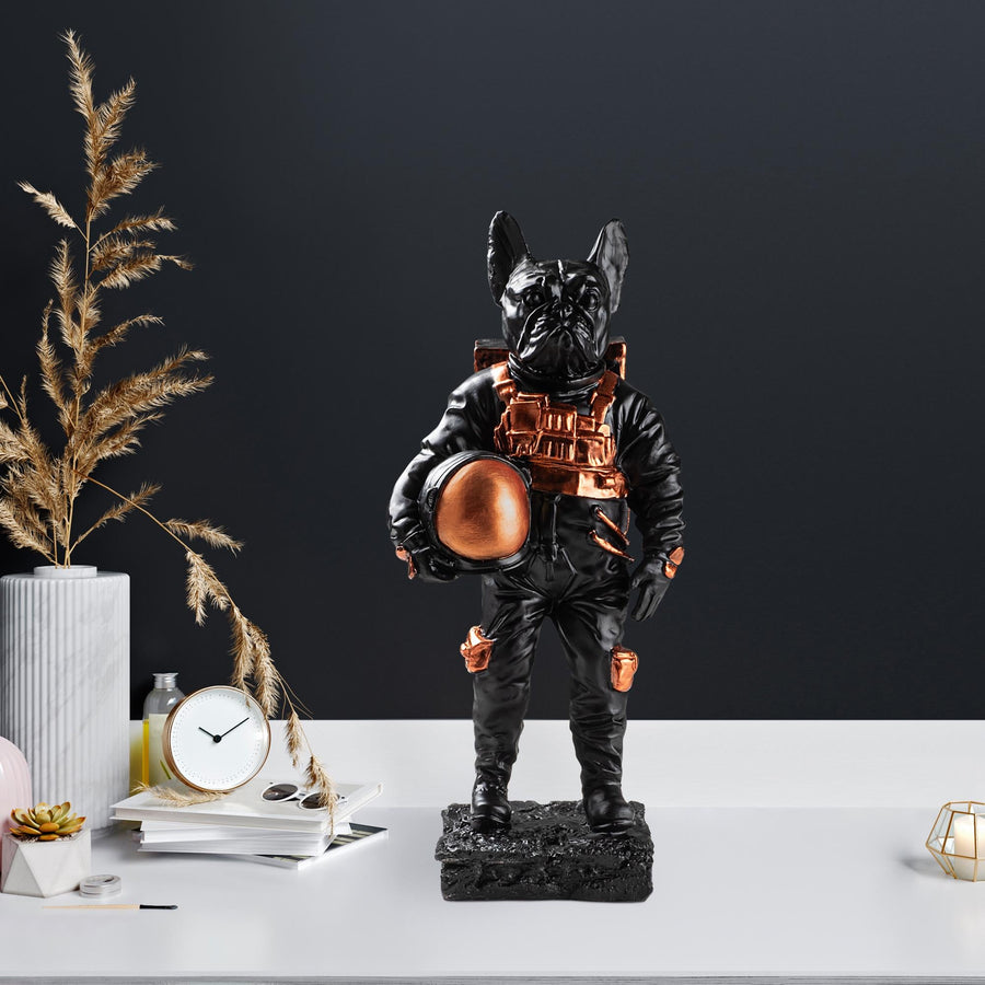 Bulldog Astronot Polyester Heykel - Siyah
