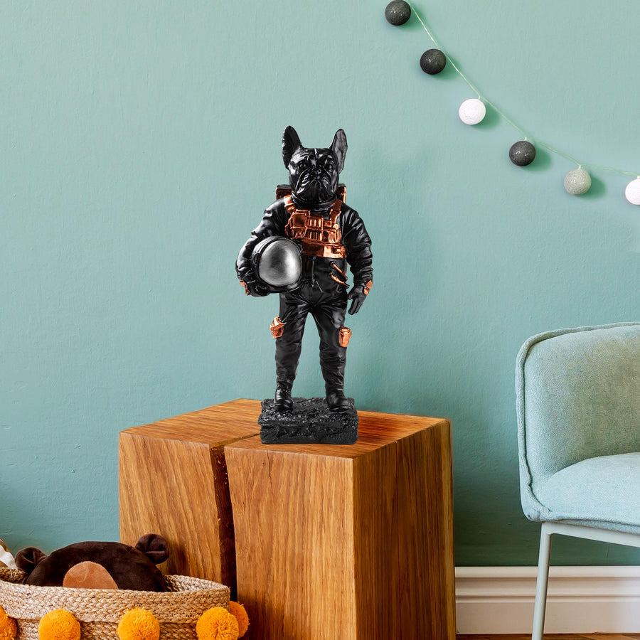 Bulldog Astronot Polyester Heykel - Siyah
