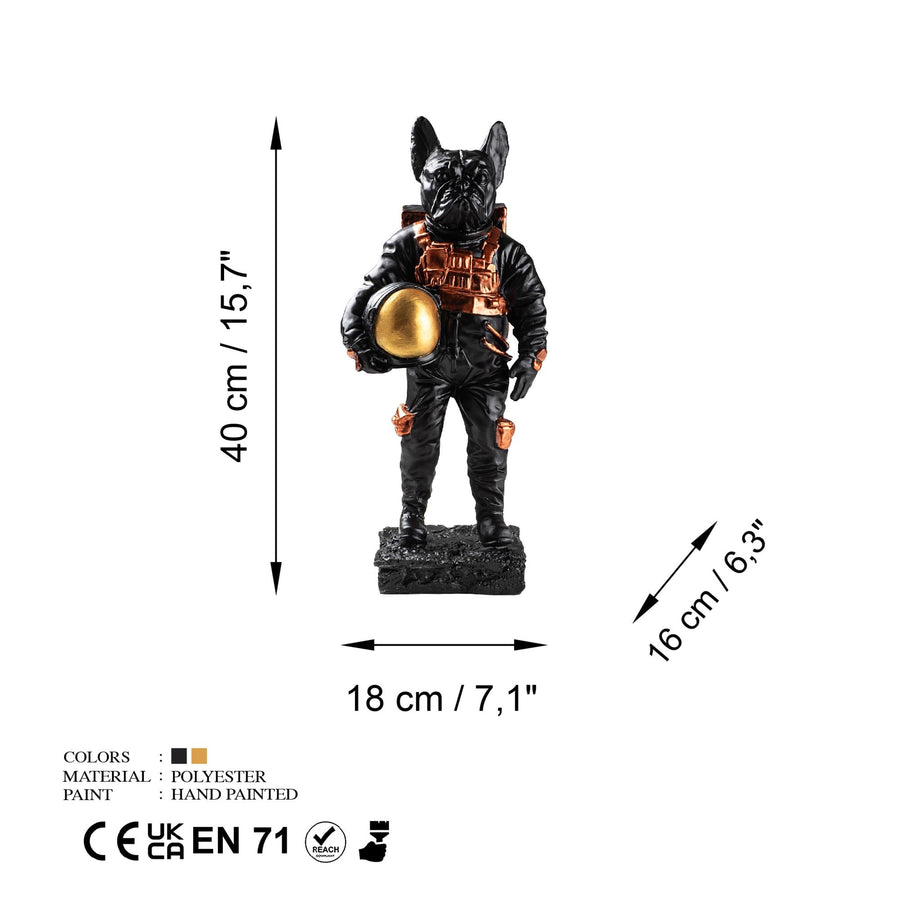 Bulldog Astronot Polyester Heykel - Siyah