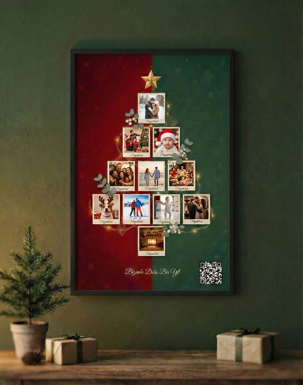 Kişiye Özel Yılbaşı Ağaçlı Fotoğraf Kolaj Tablosu